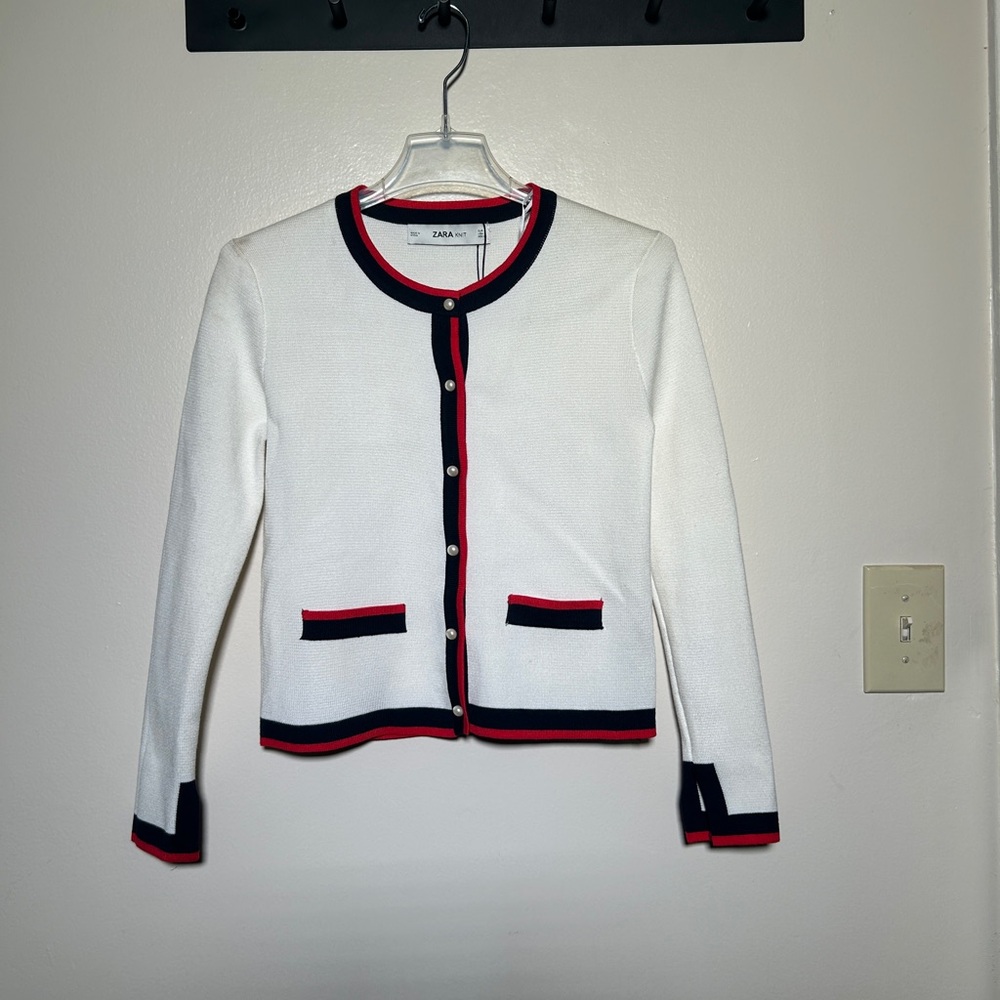 Zara White Knit Cardigan with Navy and Red Trim